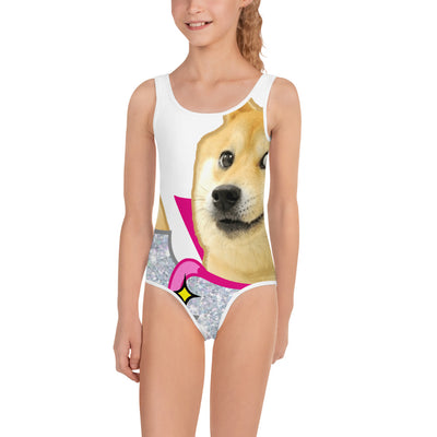 all over print kids swimsuit white front representing million doge disco dog wearing a space outfit